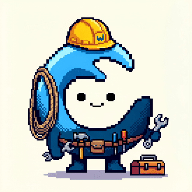 Winn the Wave, WavePrint's mascot, rendered as a pixel-art sprite dressed as a construction worker with a hard hat, tool belt, wrench, and toolbox